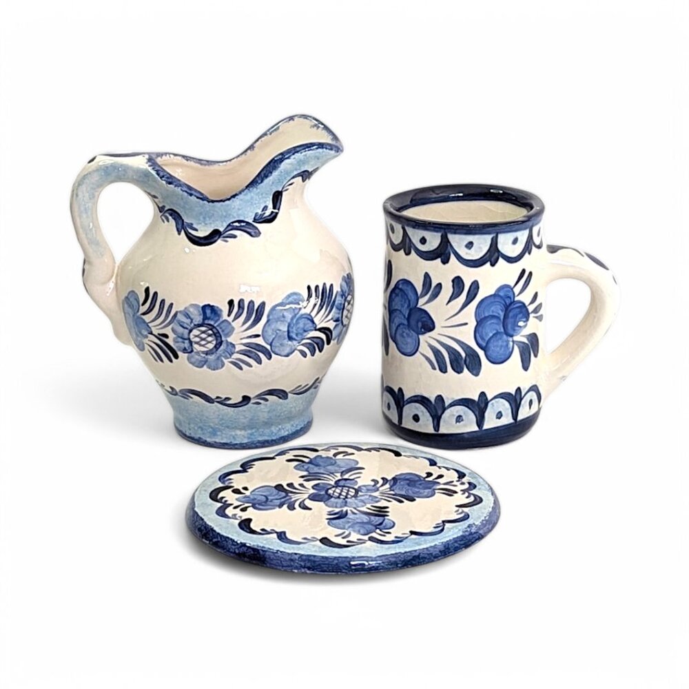 Vintage Widerstrom Blue White Mug Trivet Pitcher Ceramic Set Folk Art